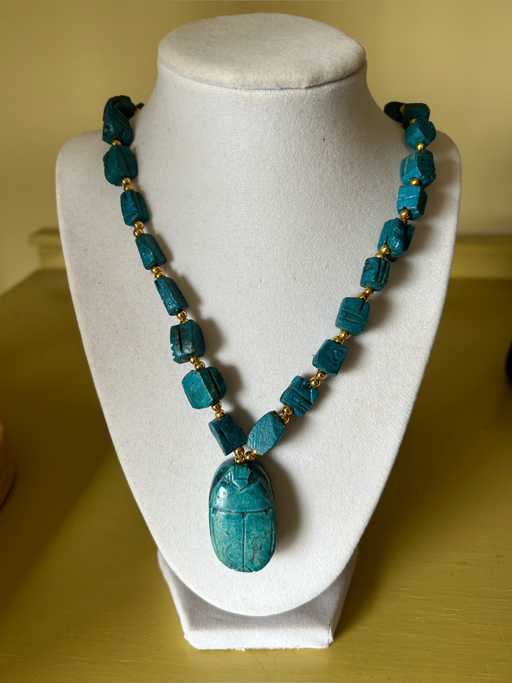 Turquoise/Teal Scarab Pendant Necklace - Blue and Gold Beaded Jewelry